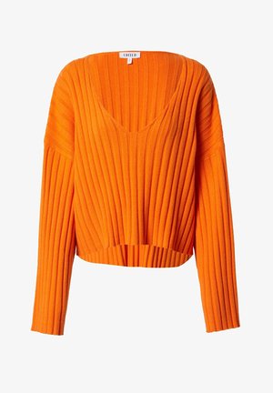 Żebrowany, krótki sweter w jasnopomarańczowym kolorze. Posiada głęboki dekolt w serek i długie rękawy. Wykonany z miękkiego, fakturowanego materiału z pionowymi paskami.