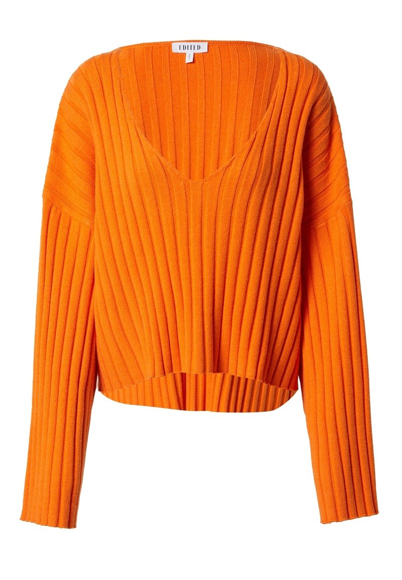 Żebrowany, krótki sweter w jasnopomarańczowym kolorze. Posiada głęboki dekolt w serek i długie rękawy. Wykonany z miękkiego, fakturowanego materiału z pionowymi paskami.
