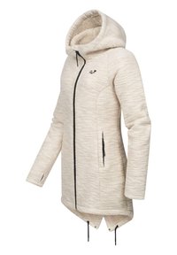 Veste à capuche crème avec un tricot texturé, fermeture éclair noire, poches avant et cordons de serrage réglables à l'ourlet et à la capuche.