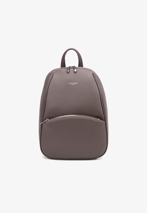Brown leather backpack with a rounded shape, featuring two zippered compartments. Front pocket has a horizontal zipper. Short handle on top.