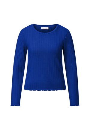 Top albastru cu mâneci lungi și model nervurat, cu decolteu rotund și margini ondulate la tiv și manșete, afișat pe un fundal alb.