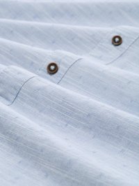 Chemise en coton bleu clair avec de fines rayures verticales et de petits accents brodés, dotée d'un bouton marron et de détails cousus.
