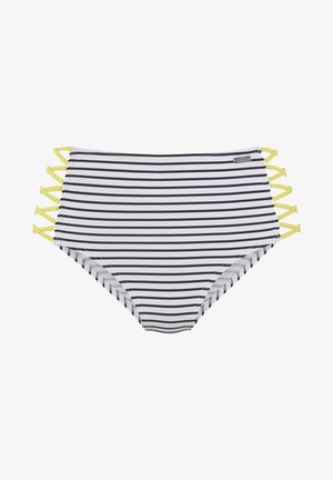 Hochgeschnittener Bikini-Unterteil in Schwarz-weiß gestreift, mit gelben Akzenten an den Seiten, aus dehnbarem Badeanzugstoff gefertigt.