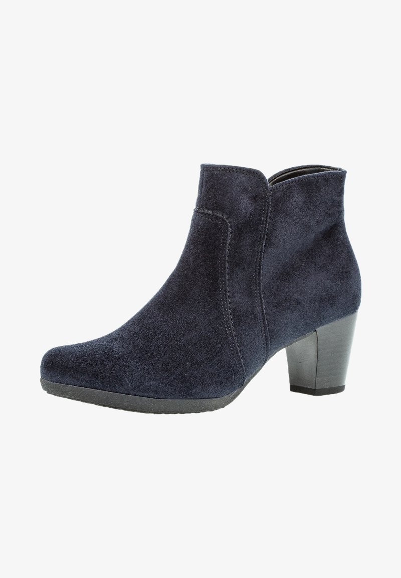 Bottine pour femme en daim bleu marine foncé, avec un petit talon bloc, des détails cousus, une fermeture éclair latérale et un bout en amande.