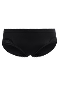 Zwarte damesonderbroek met een gladde stofafwerking, voorzien van kantaccenten aan de zijkanten en een gekartelde rand langs de tailleband.