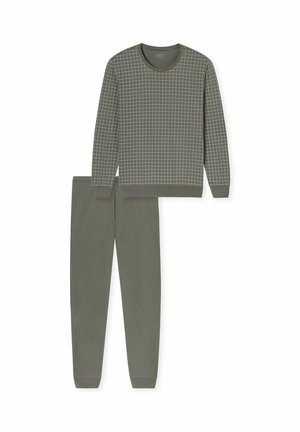 Olive green loungewear set featuring a long-sleeve top with a grid pattern and matching fitted pants, both made from soft fabric.