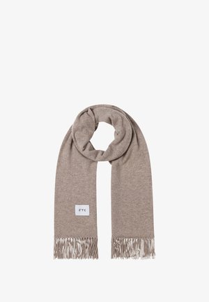 Sciarpa marrone chiaro morbida con estremità sfrangiate e una piccola etichetta rettangolare bianca "ftc" su un lato, mostrata distesa con un anello nella parte superiore.