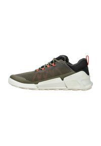 Green and black athletic shoes with orange accents, mesh upper, patterned sides, and white rubber sole designed for comfort and support.