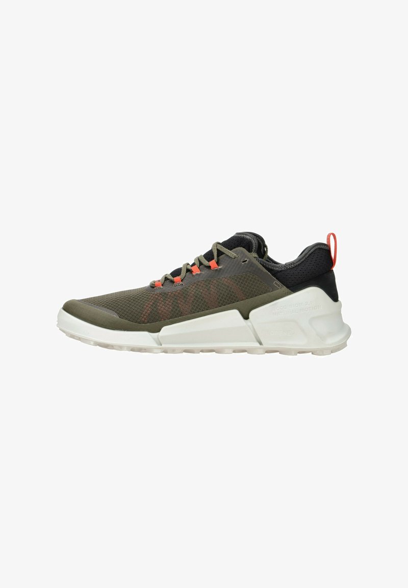 Green and black athletic shoes with orange accents, mesh upper, patterned sides, and white rubber sole designed for comfort and support.