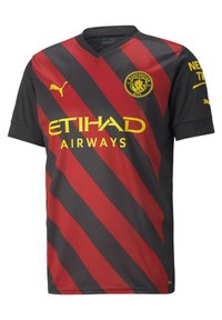 Camisa de fútbol para hombres, negra con rayas diagonales rojas. Presenta un cuello en V, texto amarillo "ETIHAD AIRWAYS" y un logo del club en el pecho.