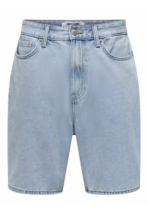 Lichtblauwe denim shorts met voorste knoop, rits en vijfzakkenontwerp van Only & Sons, voorkant getoond tegen een witte achtergrond.
