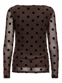 Bruine doorschijnende top met lange mouwen en zwarte fluwelen polkadots, aangesloten stijl, gezien van achteren.