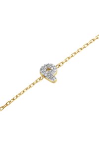 Gold chain bracelet featuring a stylized "q" charm, adorned with clear rhinestones on a silver-tone base. Smooth texture, modern design.