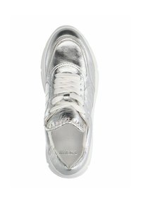 Metallic silver sneaker features a textured leather upper, white laces, and a chunky white sole. No branding visible on the exterior.