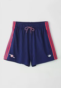 Marinblå randiga badshorts med röda sidostreck, elastisk midja, dragsko och broderade logodetaljer vid fållen.