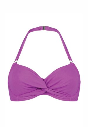 Haut de bikini violet avec un design à l'avant torsadé, des bretelles ajustables et un système de fermeture par attache. Fabriqué en tissu texturé et extensible.