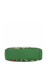 Groen leren tas met een patroon van bloemen. Kenmerkt zich door een gladde textuur, rechthoekige vorm en vlakke onderkant.