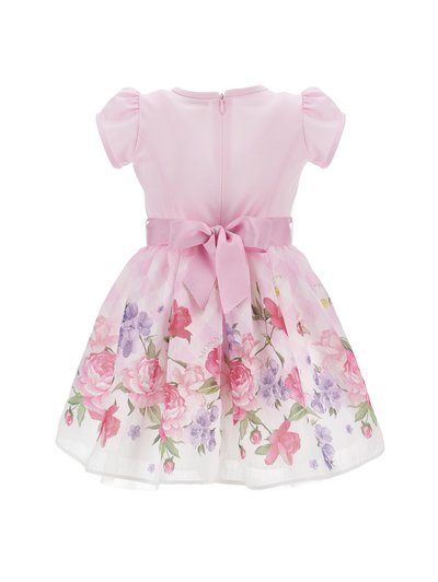 Ροζ βρεφικό φόρεμα με κοντά μανίκια, φούστα από τούλι με floral σχέδιο, μεγάλο φιόγκο πίσω και κλείσιμο με φερμουάρ.