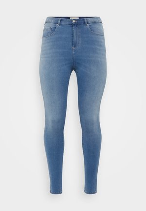 Schmale Jeans aus hellblauen Denim. Verfügt über fünf Taschen, eine hohe Taille und eine glatte Textur mit einem leichten Ausbleichungseffekt.
