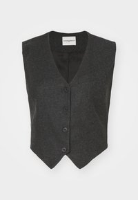 Graue Wollweste mit V-Ausschnitt, ausgestattet mit fünf Knöpfen, schlanker Passform und spitzem Saum. Innen mit glatter schwarzer Fütterung.