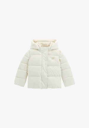 Giacca imbottita per bambini di colore crema, con cappuccio, trapuntatura orizzontale e zip frontale coperta da una patta.