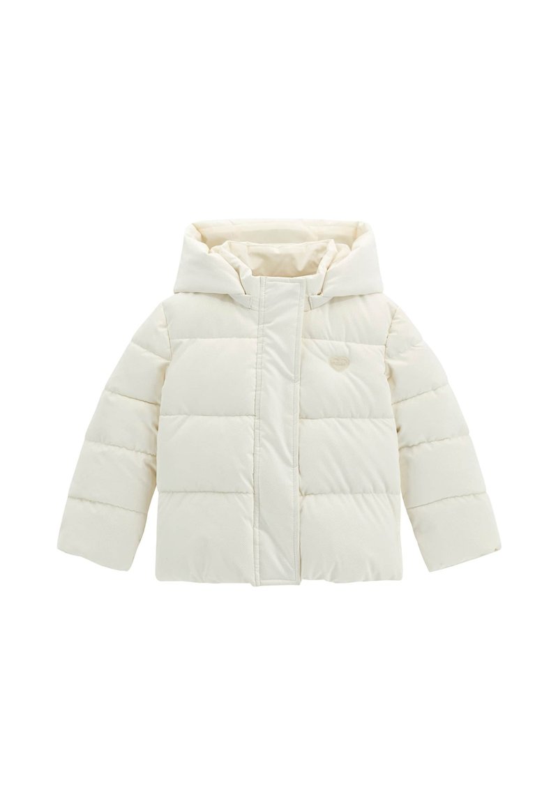 Cremfarbener gepolsterter Kinderjacke mit Kapuze, horizontaler Steppung und einer mit Klappe verdeckten Frontreißverschluss.