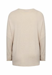 Maglione beige oversize con maniche lunghe, morbido al tatto e con scollatura rotonda. Tessuto liscio con un motivo sottile, senza cuciture o hardware visibili.