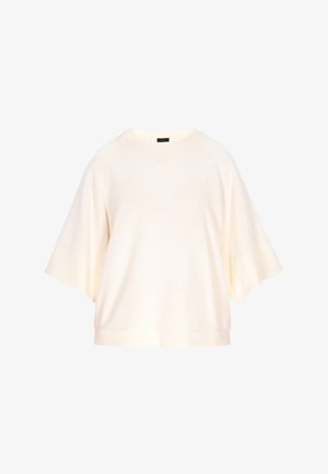 Cremfarbener Kurzarmoberteil mit lockerer Passform, runder Ausschnitt und Raglanärmeln, hergestellt aus weichem, glattem Material.