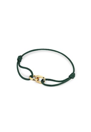 Green braided cord bracelet with a gold-tone double link closure. Knot accents on each side enhance the design. Simple and elegant.