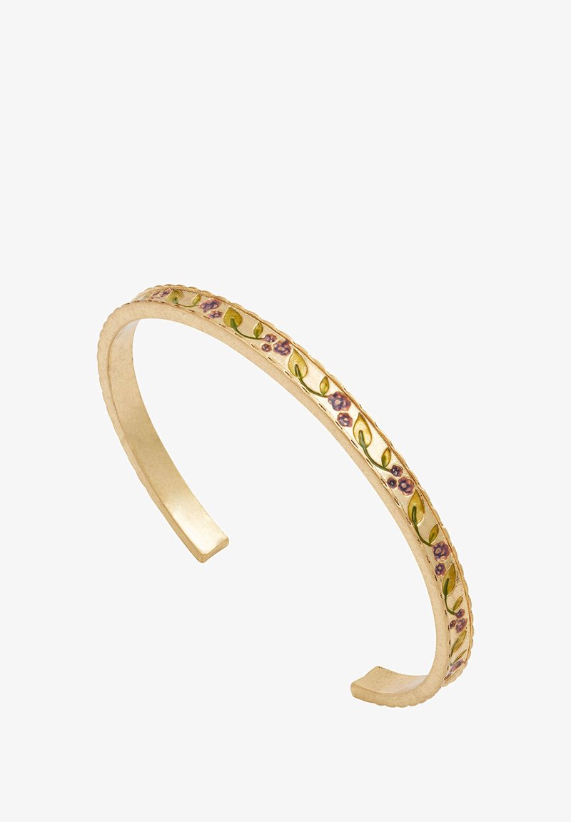 Zelta krāsas metāla aproce ar izspiedumiem ziedu motīvos purpura un zaļā krāsā, ar teksturētu malu papildu detaļu iegūšanai.