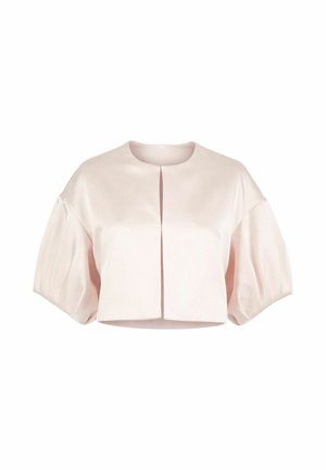 Giacca corta in raso rosa chiaro con scollo rotondo, spacco frontale aperto e maniche a sbuffo voluminosi tre quarti.