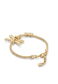 Bracelet doré avec une chaîne perlée et un pendentif libellule. Il est doté d'un fermoir à homard et d'une petite étiquette avec une marque.