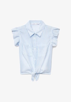 Blusa a maniche corte a righe verticali azzurro chiaro e bianco, con colletto, tasche anteriori, bottoni e nodo all'orlo.
