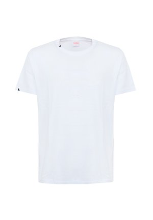 T-shirt bianca semplice a maniche corte con scollo rotondo e piccola tasca sul petto, mostrata su sfondo bianco.