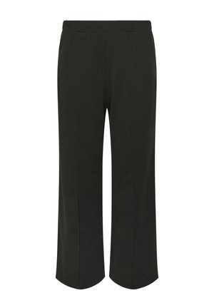 Pantalon noir large court avec taille haute et devant lisse, en tissu structuré.