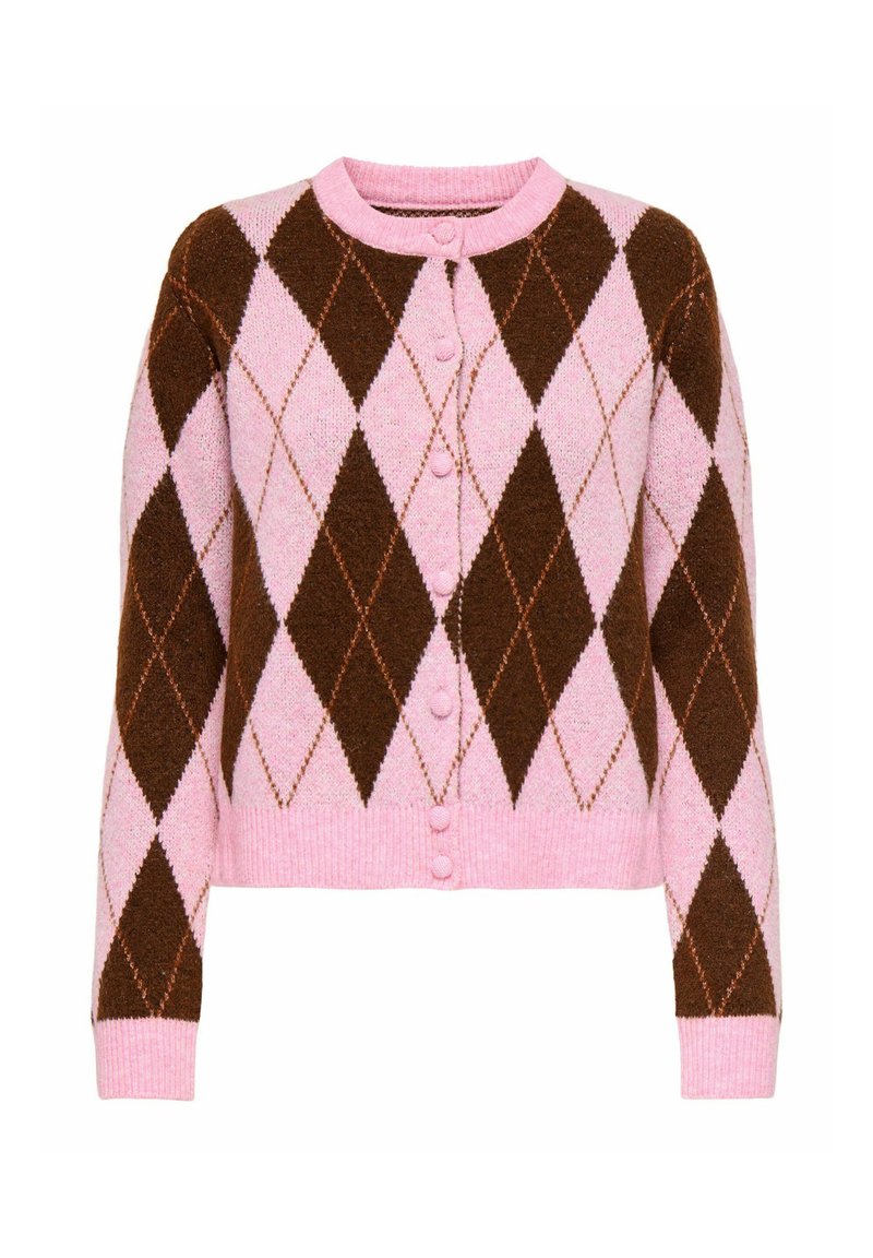 Värvikas kootud kampsun, millel on roosa alus ja pruunid ning heledroosad rombimustrid. Kujunduses on ümar kaelus ja ees nööbid.