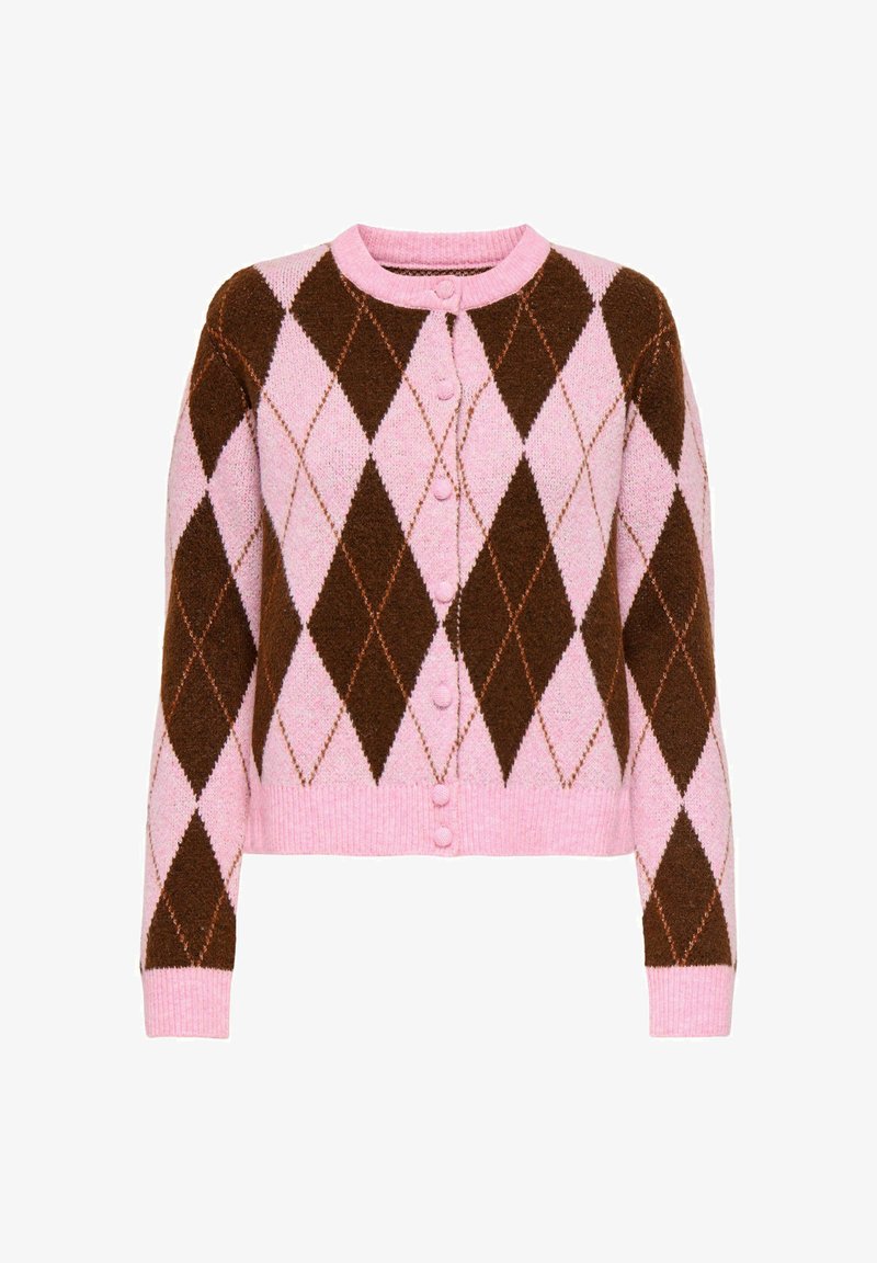 Värvikas kootud kampsun, millel on roosa alus ja pruunid ning heledroosad rombimustrid. Kujunduses on ümar kaelus ja ees nööbid.