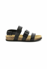 Sandalias negras con suela de corcho y dos correas ajustables. Presentan una plantilla texturizada y un detalle de hebilla en la correa delantera.