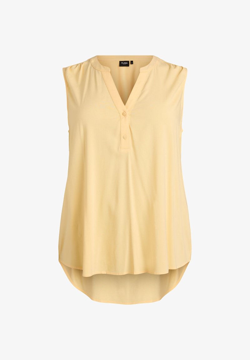 Bezrukávová bledozelená blúzka s výstrihom do V, dvoma gombíkmi na légii a zaobleným lemom, ktorý je vzadu dlhší.