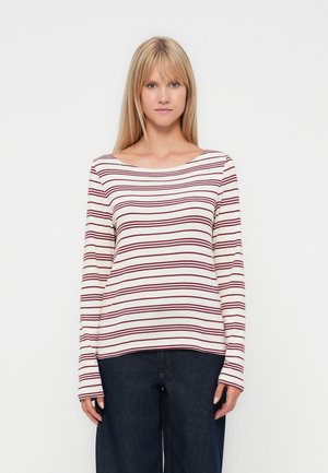 Long-sleeve striped top with a wide neck, featuring alternating red and white horizontal stripes, made from lightweight fabric.
