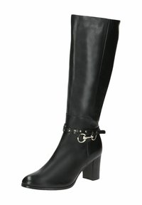 Black leather knee-high boot featuring a rounded toe, a chunky heel, and a decorative strap with circular hardware and stud accents.
