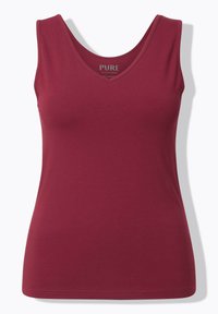 Top sans manches bordeaux avec un décolleté en V, fabriqué dans un tissu lisse. Présente un design ajusté et ne comporte pas de motifs ou d'accents visibles.