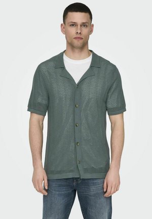 Cardigan corto a maniche corte in verde tenue, con chiusura a bottoni, lavorazione a rete aperta e design colletto da campeggio. Indossato sopra una t-shirt bianca.