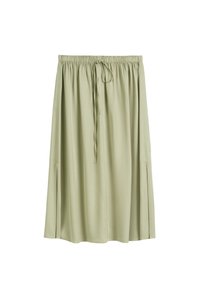 Light green skirt with an elastic waistband and drawstring tie. Features side slits for added detail and a flowy shape. Smooth texture.