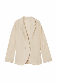 Béžový lněný blazer s klopovým límcem, zapínáním na dvojité knoflíky a volnými rukávy, navržený s hladkou strukturou a minimalistickým stylem.