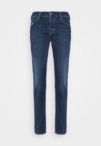 Dunkelblaue Jeans aus Denim, mit geradem Bein, fünf Taschen und metallischem Knopfverschluss an der Taille. Glatte Textur.