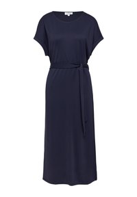 Marineblaue Midi-Kleid aus weichem Stoff, mit entspannter Passform, kurzen Ärmeln und einem passenden Bindegürtel in der Taille für eine definierte Silhouette.