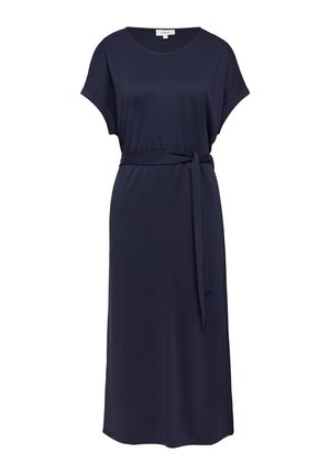Marineblauwe midi-jurk van zachte stof, met een ontspannen pasvorm, korte mouwen en een bijpassende strikriem in de taille voor extra definitie.