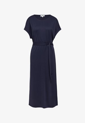 Marineblauwe midi-jurk van zachte stof, met een ontspannen pasvorm, korte mouwen en een bijpassende strikriem in de taille voor extra definitie.