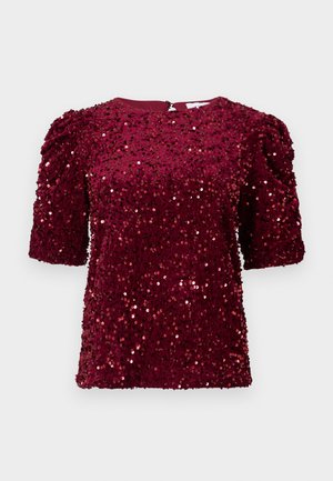 Haut en velours bordeaux à manches courtes recouvert de sequins brillants, avec un col rond et des manches bouffantes froncées.